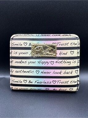Betsey Johnson Cream & Black Script Stripe Rainbow Compact Wallet